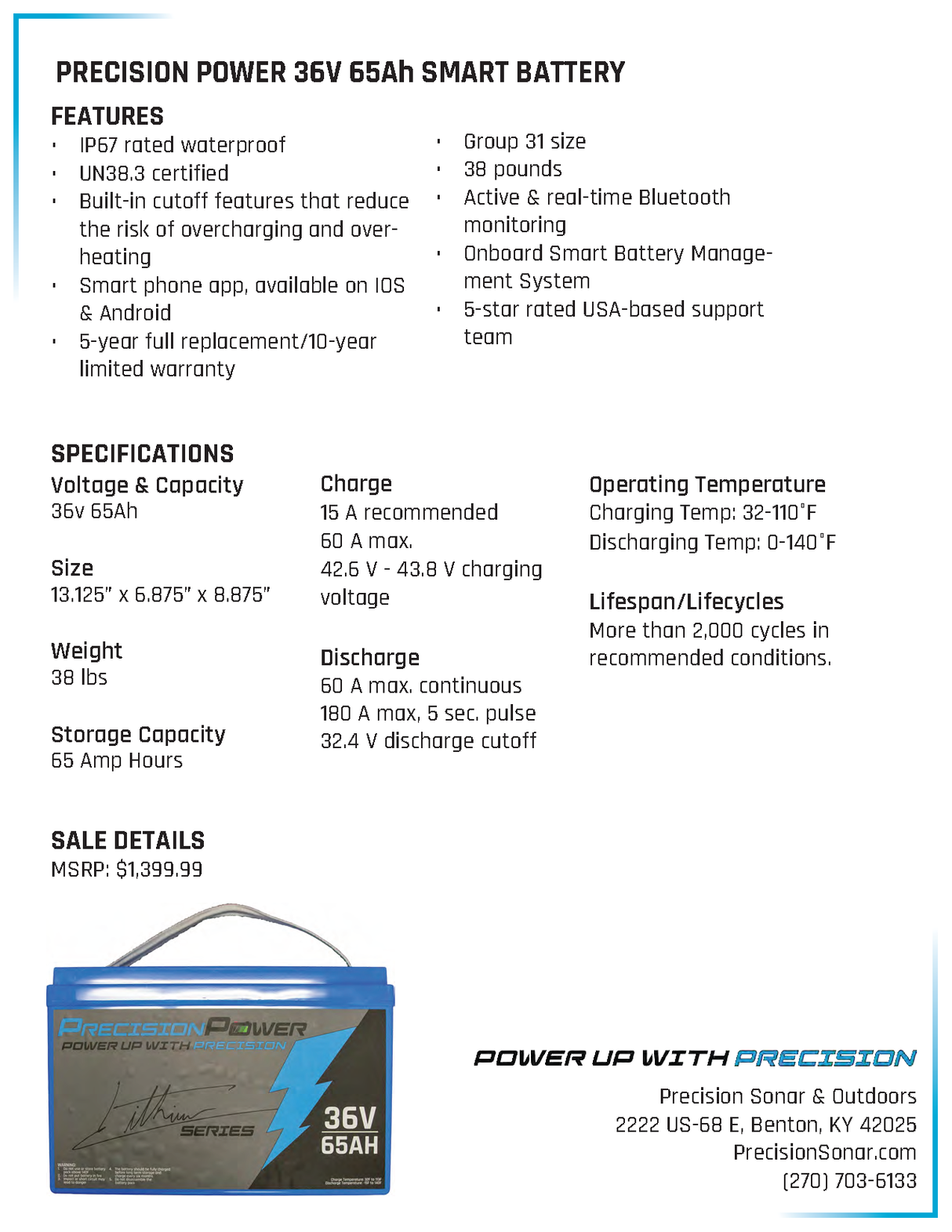 Precision Power Lithium 36V 65Ah Deep Cycle Smart Battery