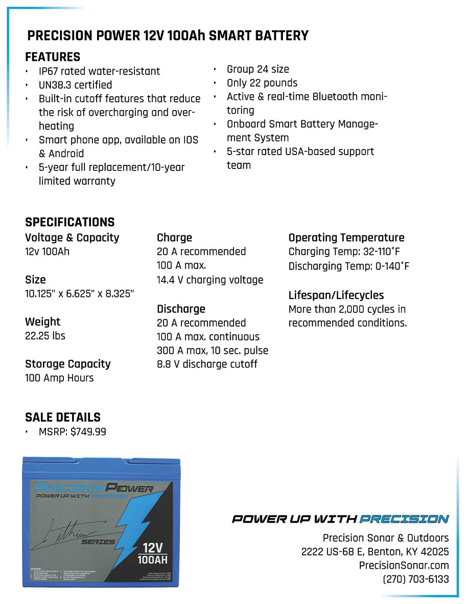 Precision Power Lithium 12V 100Ah Deep Cycle Smart Battery