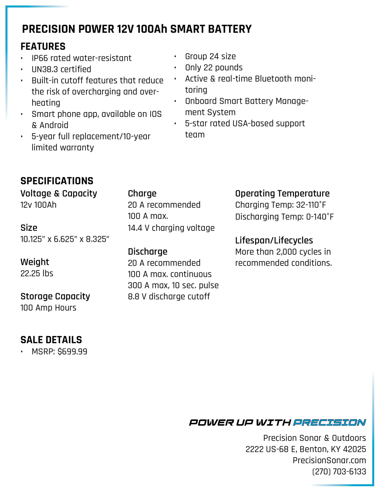 Precision Power Lithium 12V 100Ah Deep Cycle Smart Battery