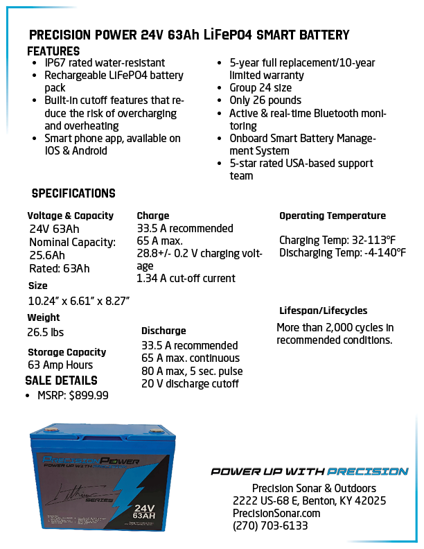 Precision Power Lithium 24V 63Ah Deep Cycle Smart Battery