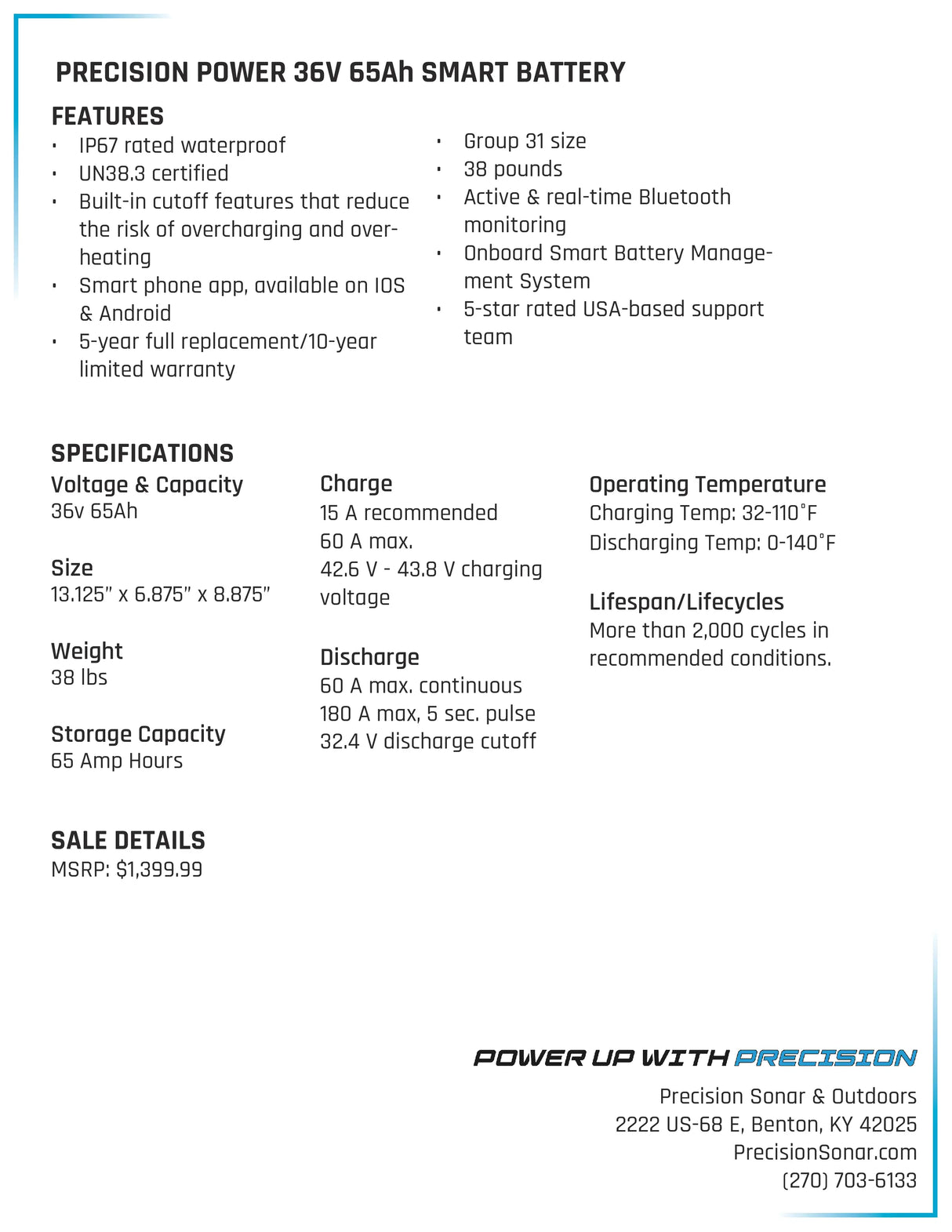 Precision Power Lithium 36V 65Ah Deep Cycle Smart Battery